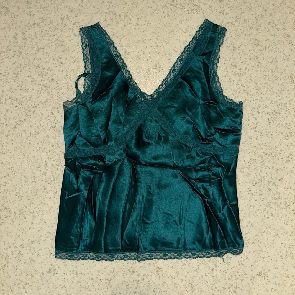 Nine West Teal Satin Top with Lace Detail